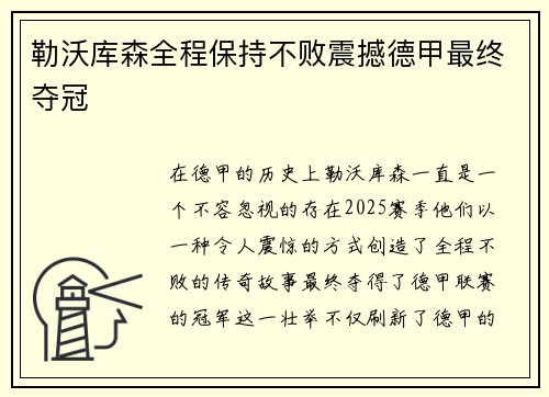 勒沃库森全程保持不败震撼德甲最终夺冠